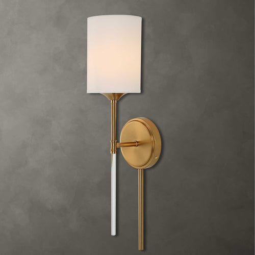 Awyr modern brass wall sconce with white shade