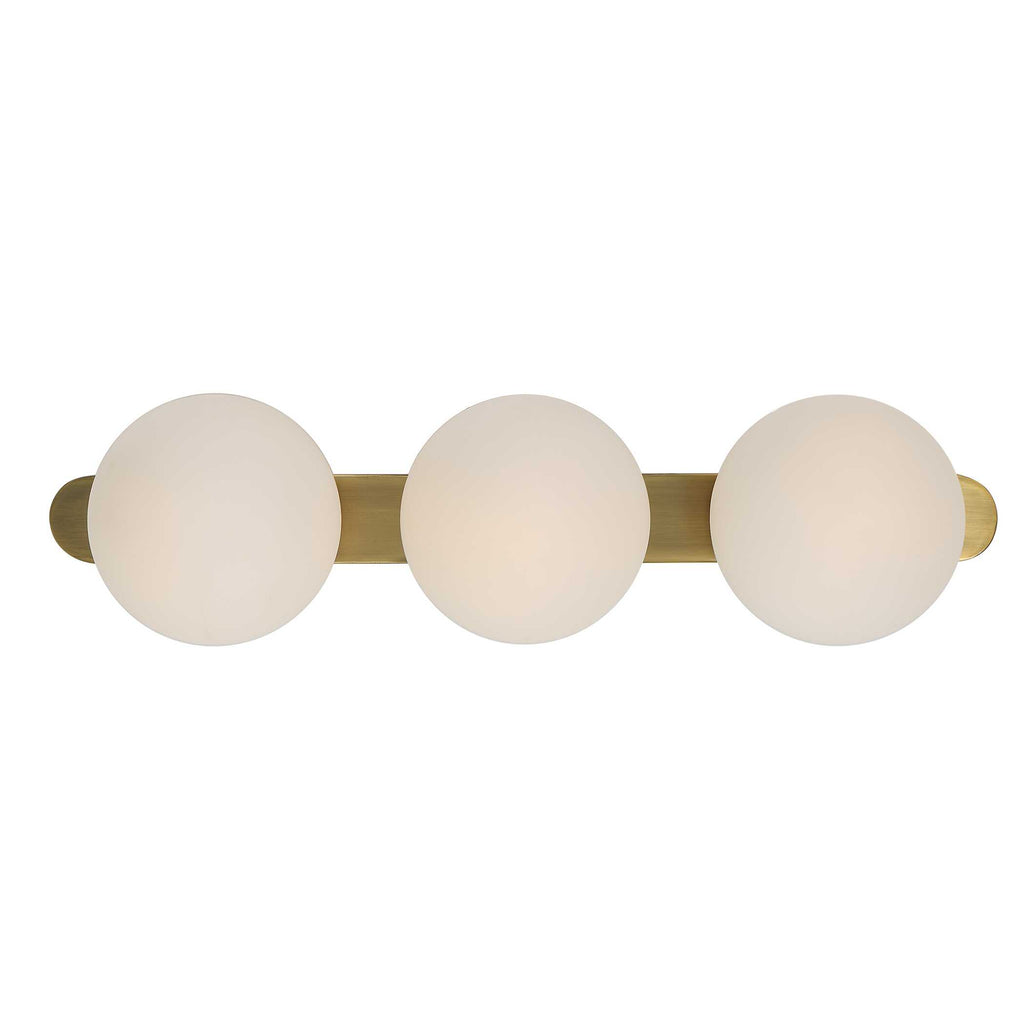 Antique brass 3 light wall sconce with matte white globe shades