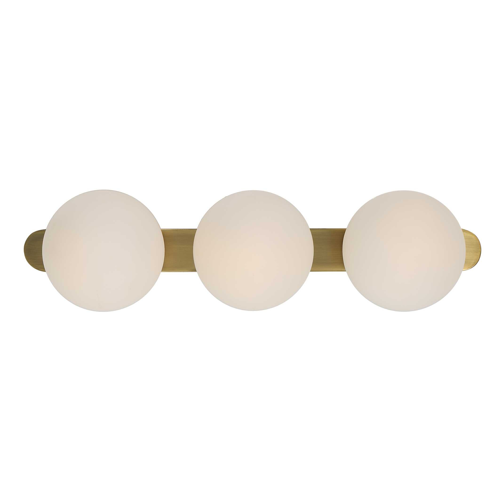 Antique brass 3 light wall sconce with matte white globe shades