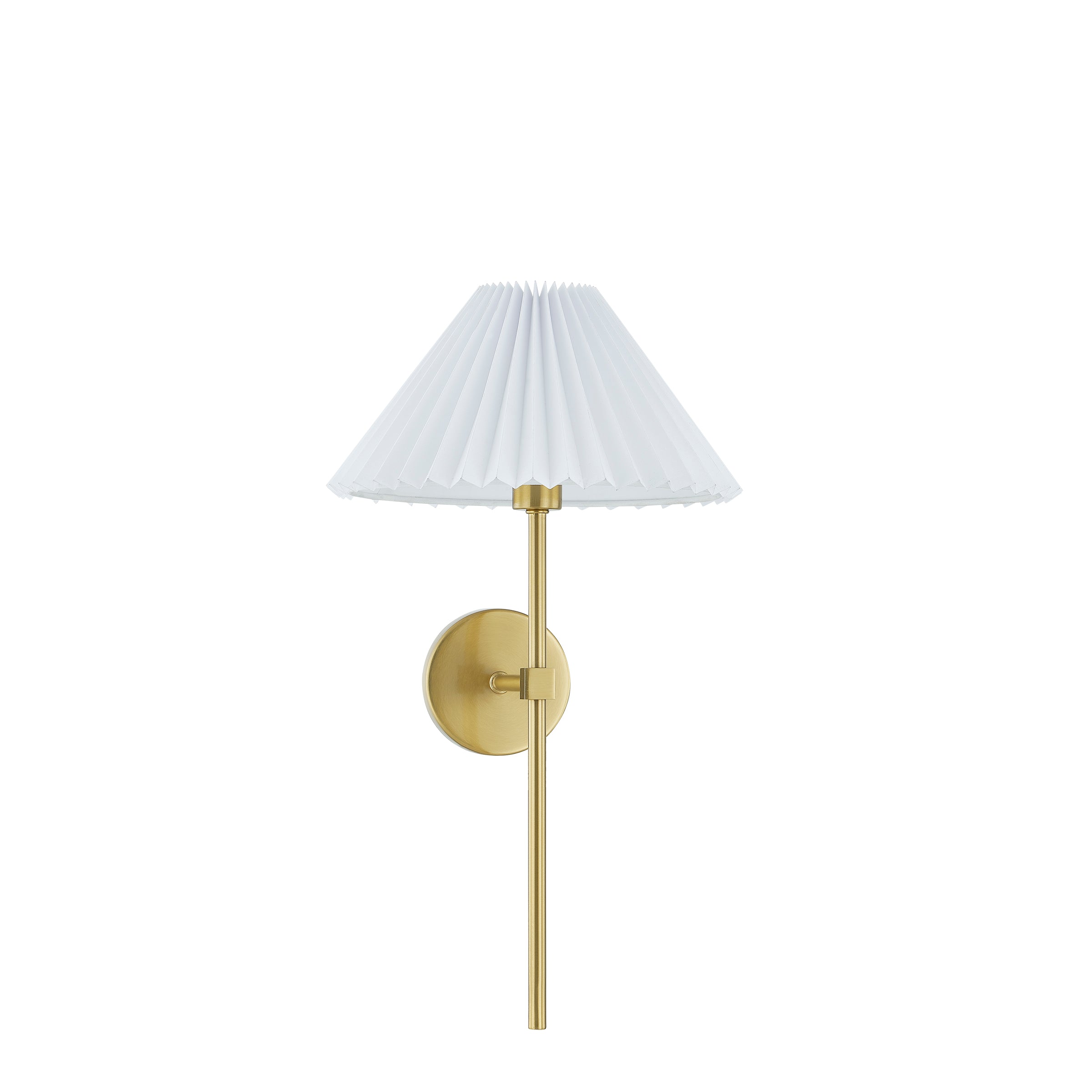 Powell brass plug in wall sconce with golden brass finish and white pleated linen shade