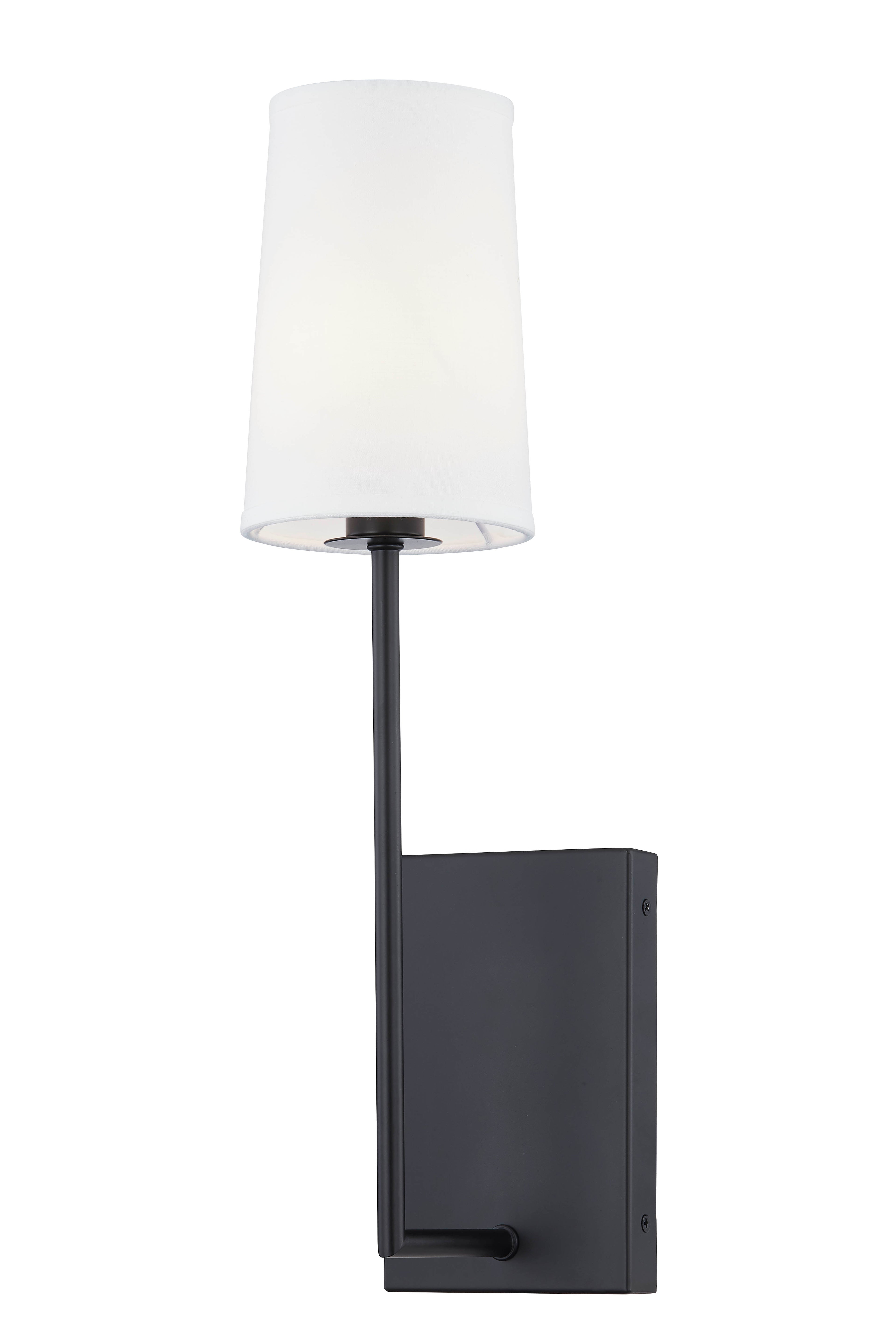 Reeves plug-in candlestick wall sconce with matte black metal frame and natural linen shade