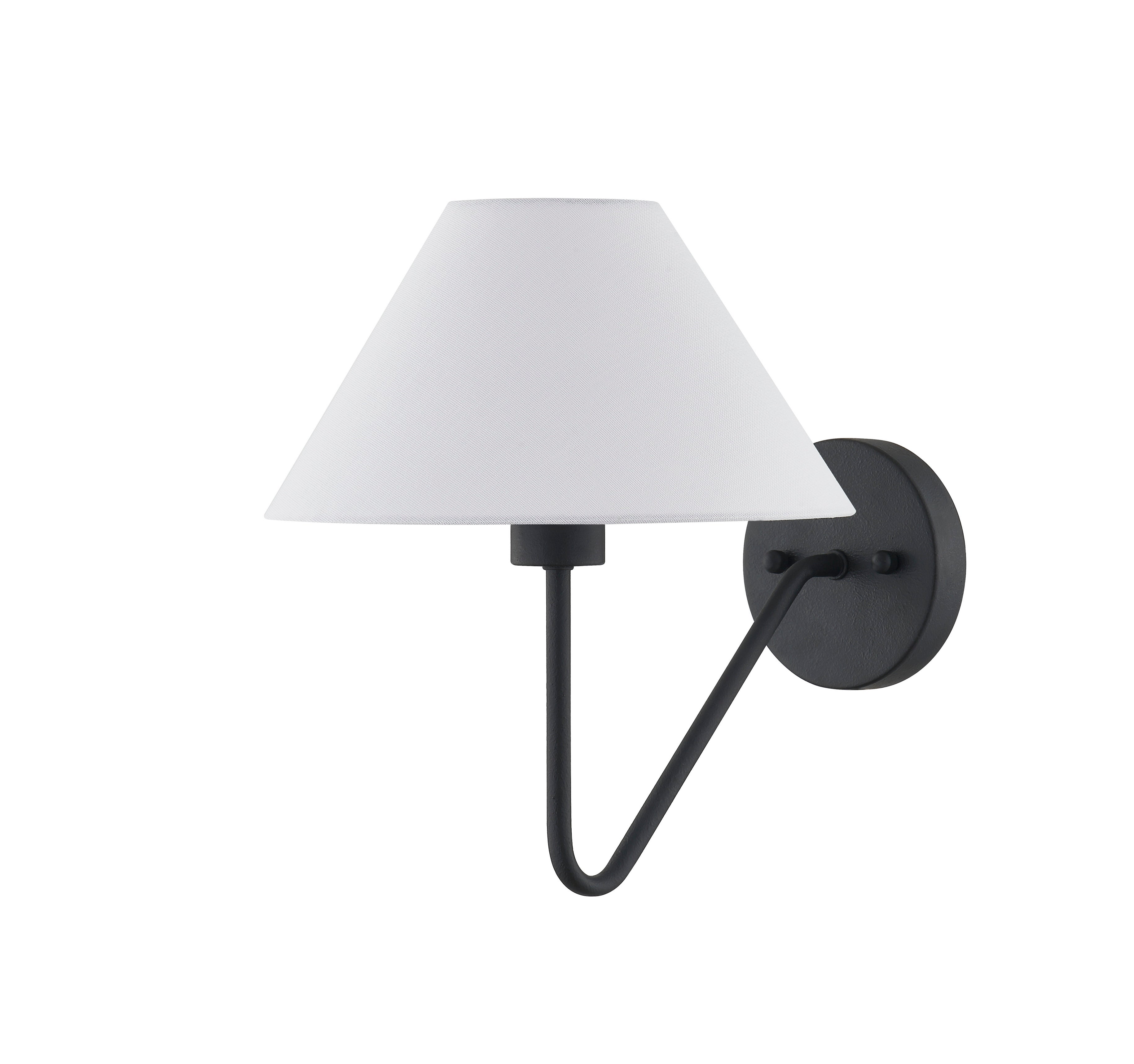 Rowan small plug in wall sconce with matte black metal arm and white linen shade