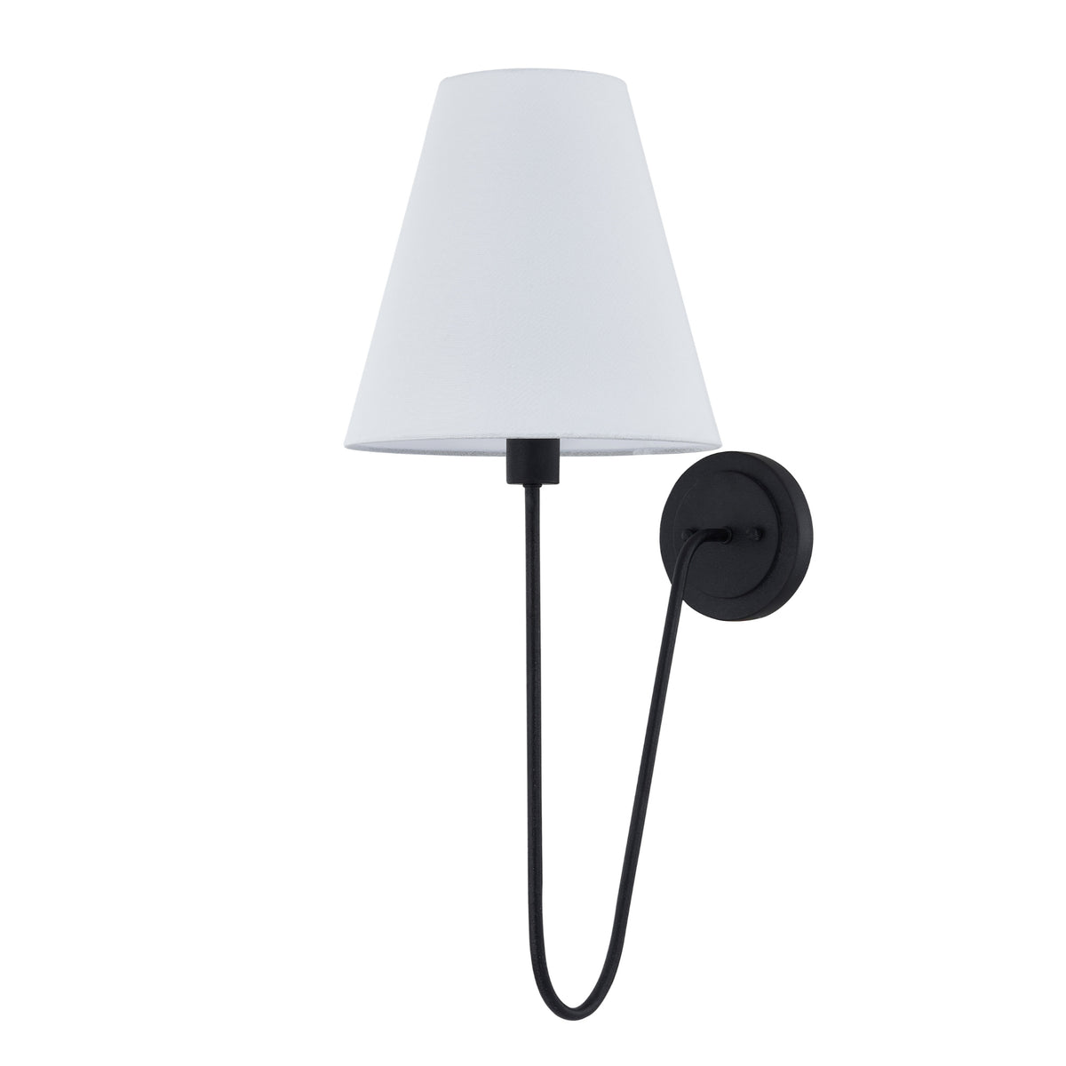 Shae black plug in wall sconce with white linen shade and matte black metal arm
