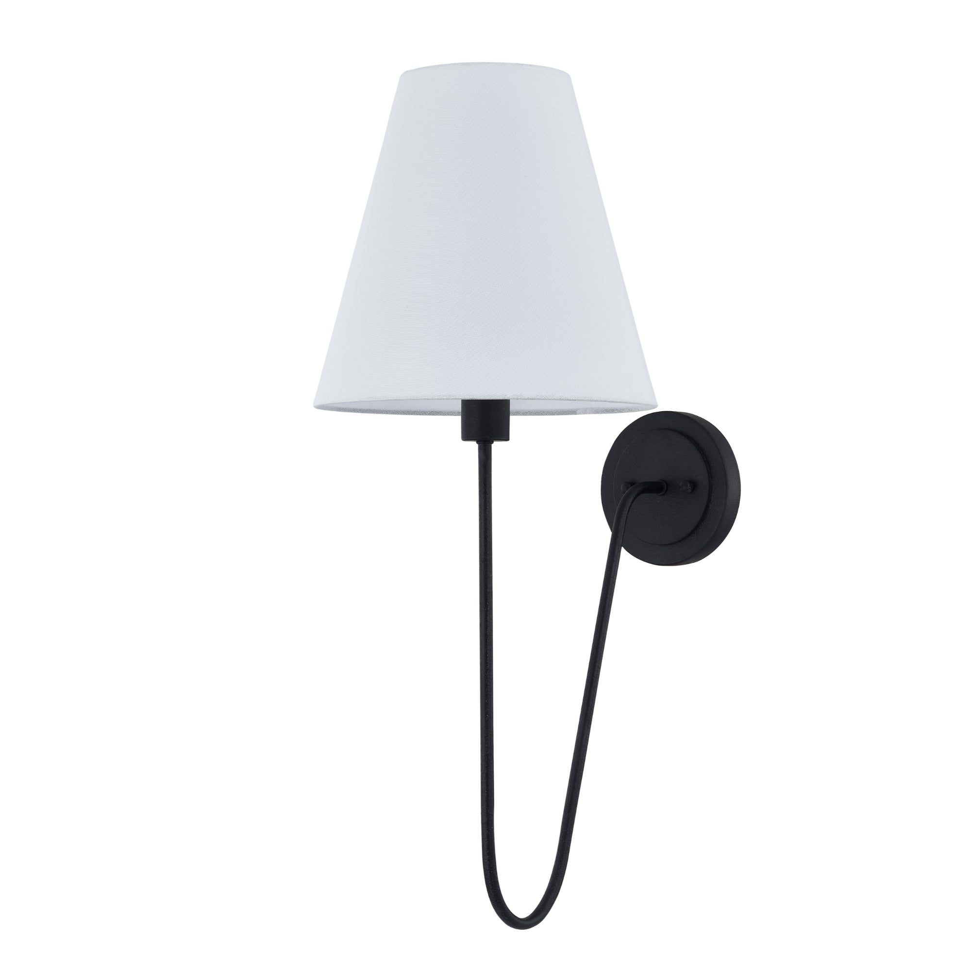 Shae black plug in wall sconce with white linen shade and matte black metal arm