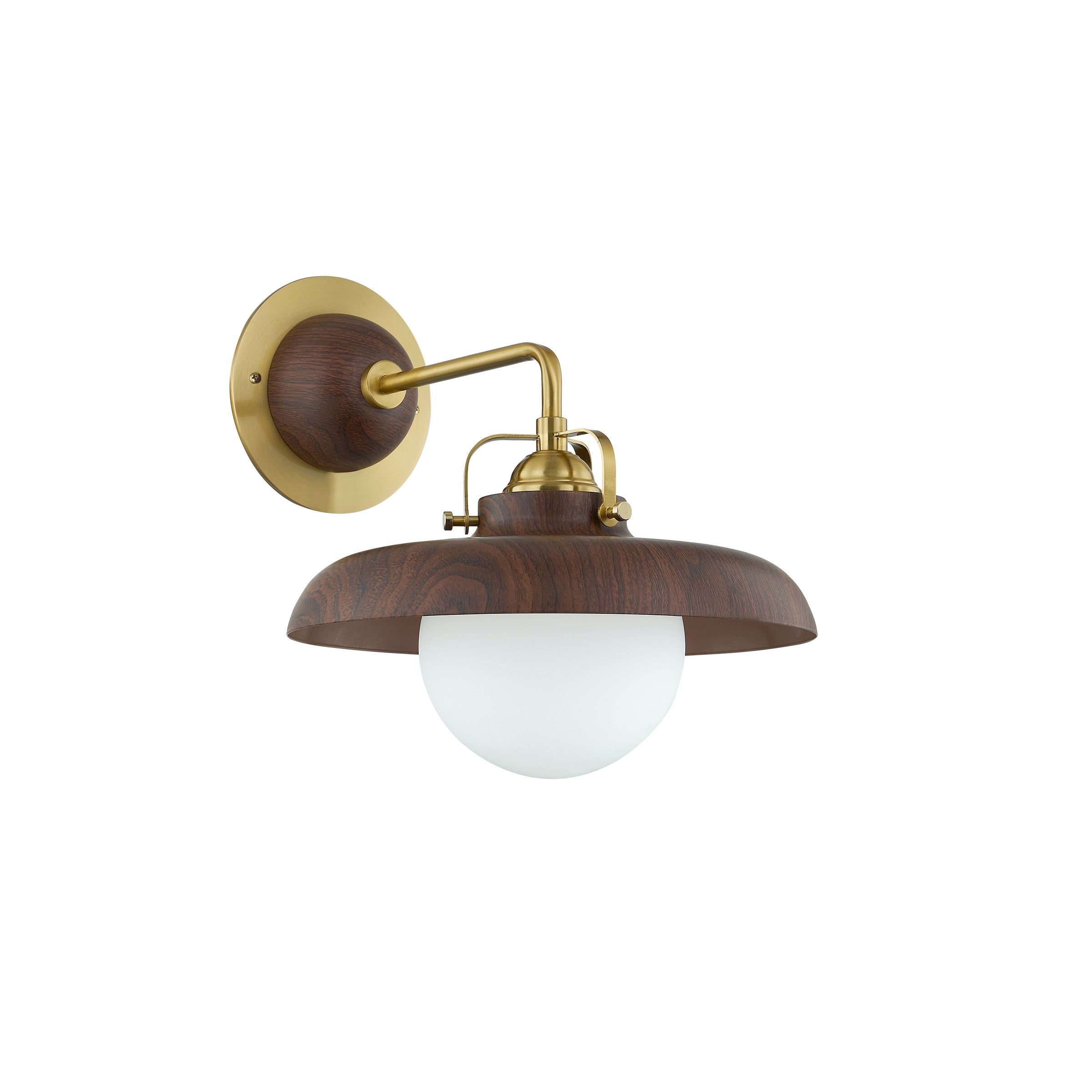 Stratford globe wall sconce with brass finish, white glass globe, and wood-look backplate