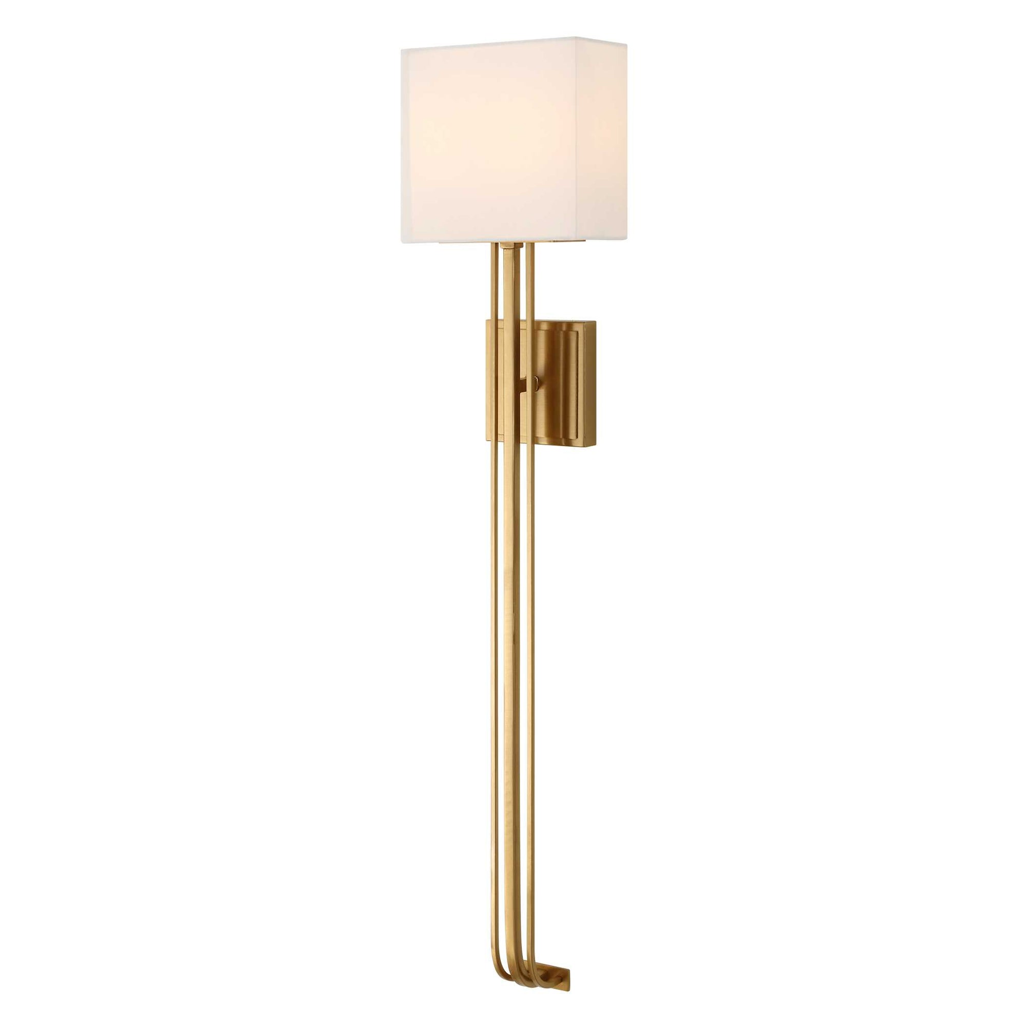 Trenton 2 Light Wall Sconce by Uttermost in warm brass with white fabric shade