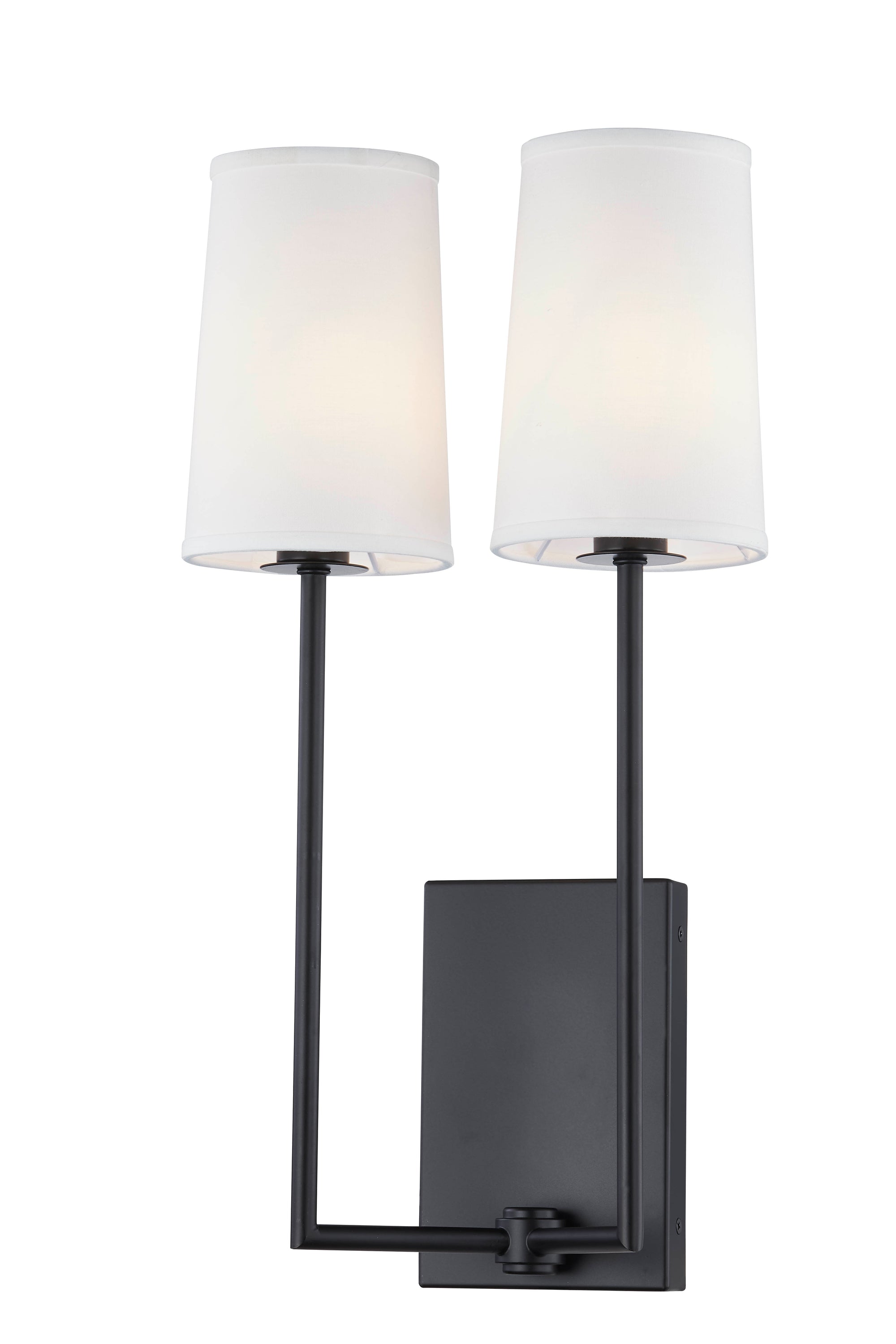 Vernon black wall sconce with dual white linen shades
