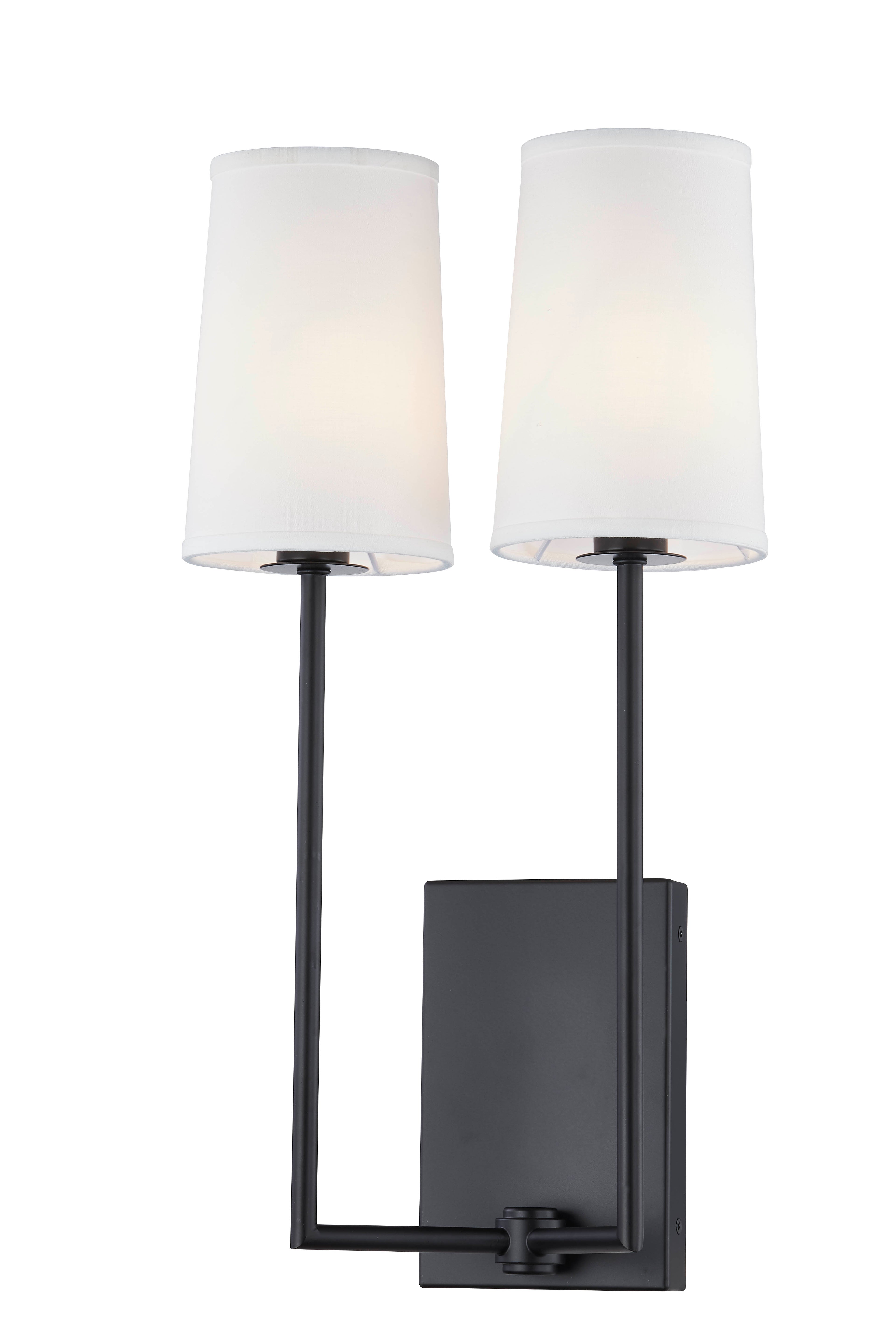 Vernon black wall sconce with dual white linen shades
