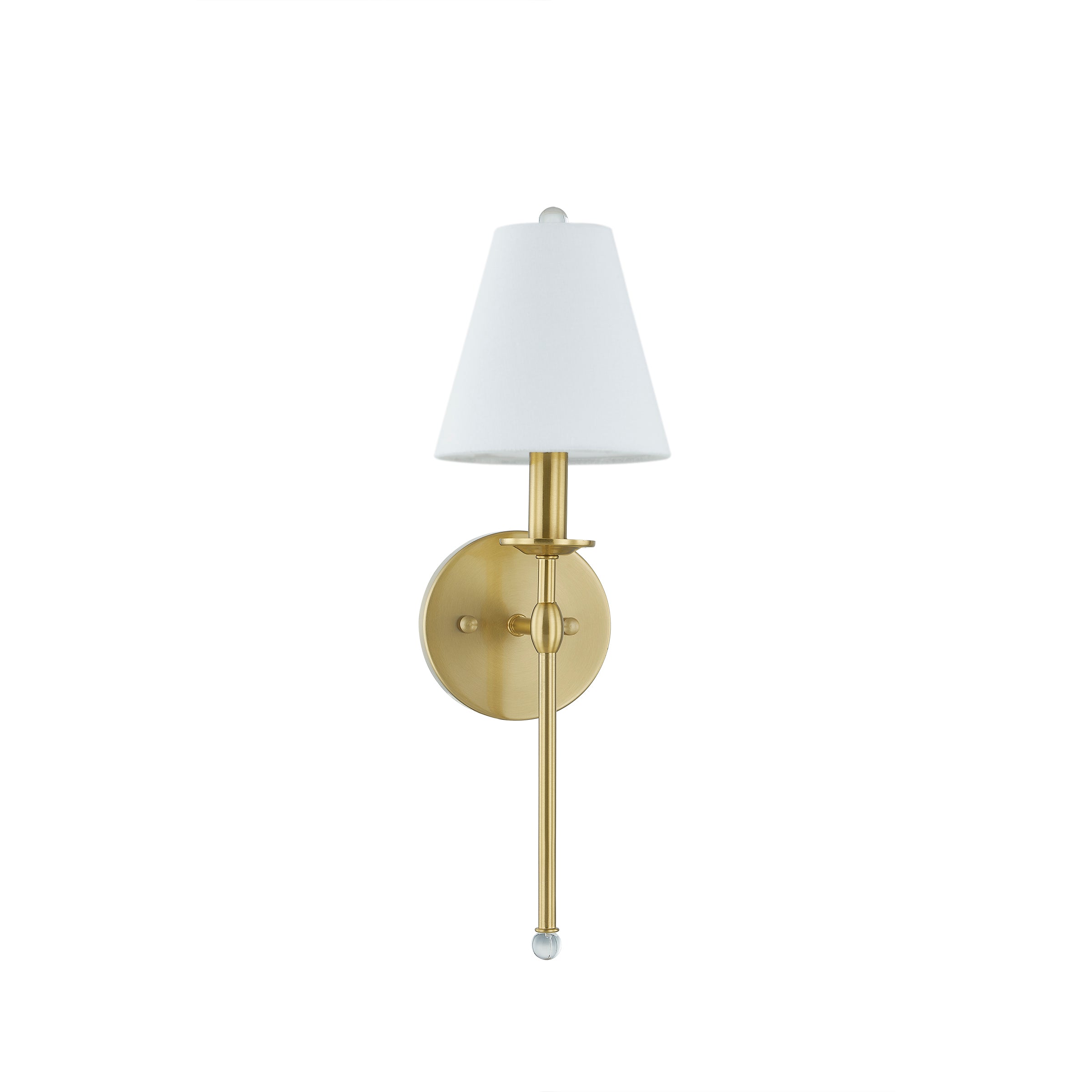 York brass wall sconce with white linen shade